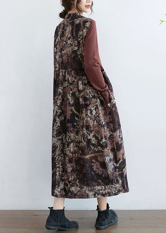 Chocolate Print Fake Two Pieces Vacation Dresses Pocket Long Sleeve - Image 4