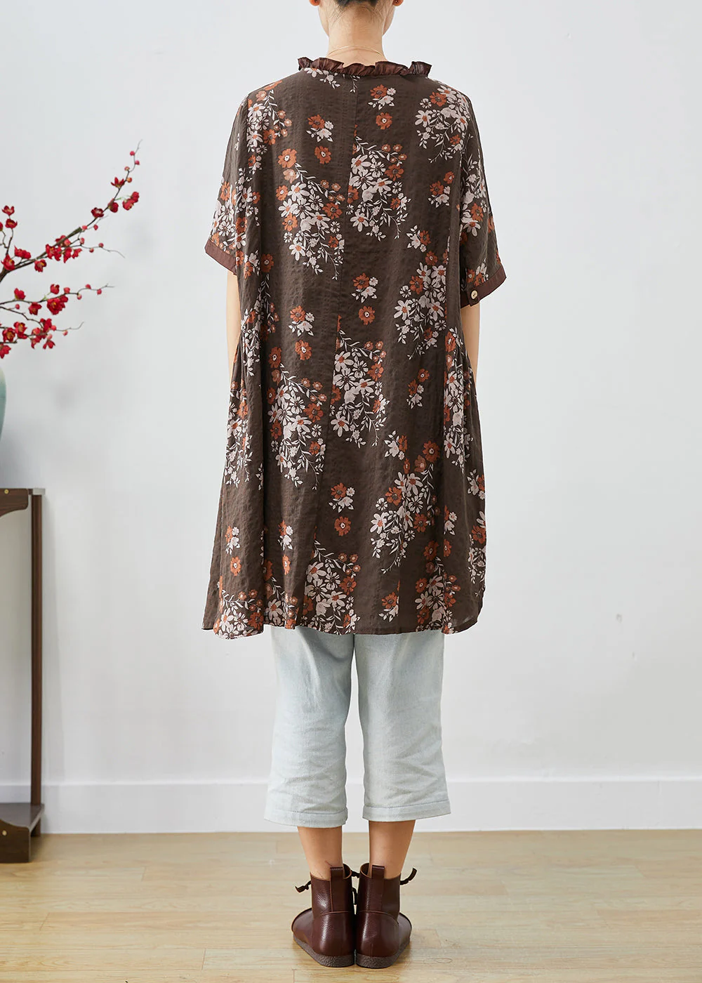 Coffee Print Linen Shirt Dresses Ruffled Summer - Image 4