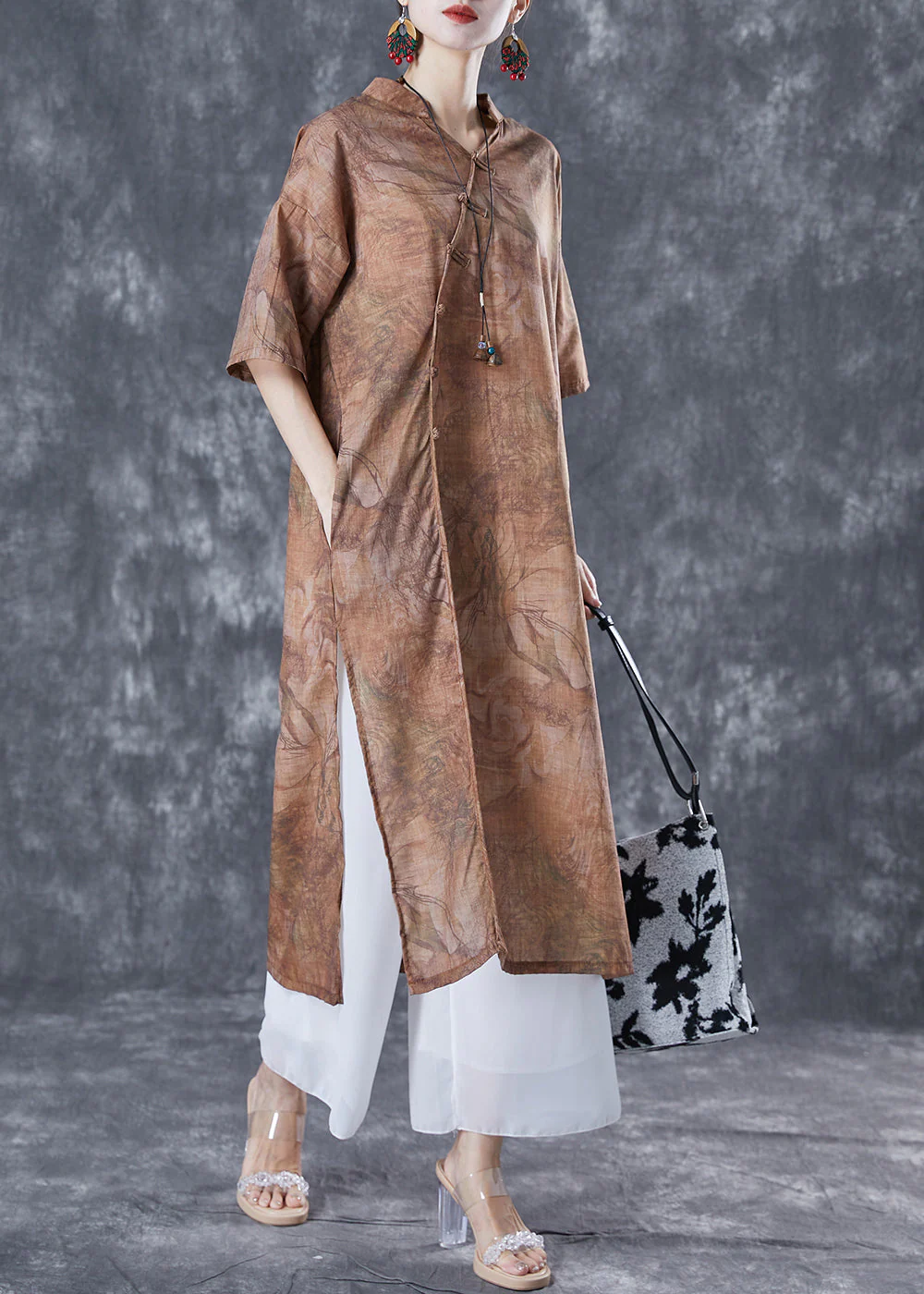 Coffee Print Oriental Linen Long Dresses V Neck Side Open Summer - Image 2