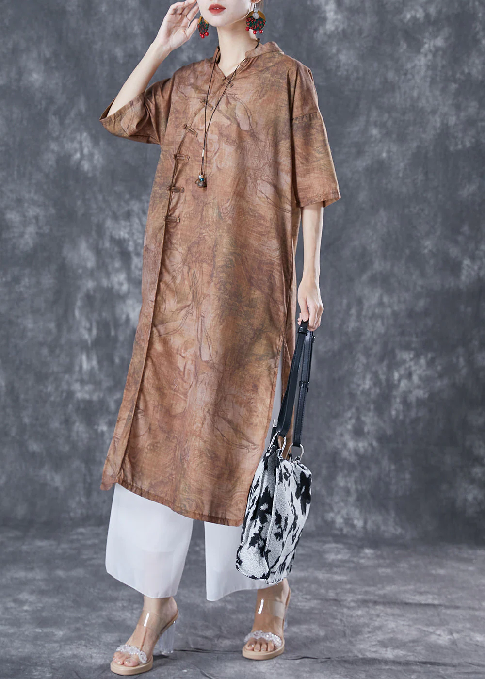 Coffee Print Oriental Linen Long Dresses V Neck Side Open Summer - Image 3