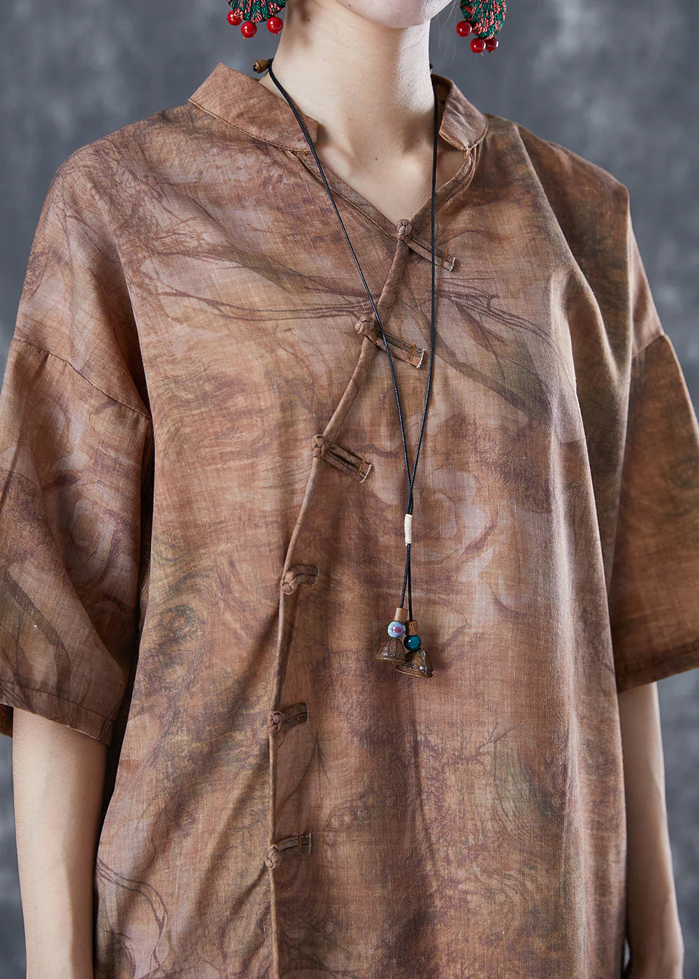 Coffee Print Oriental Linen Long Dresses V Neck Side Open Summer - Image 4