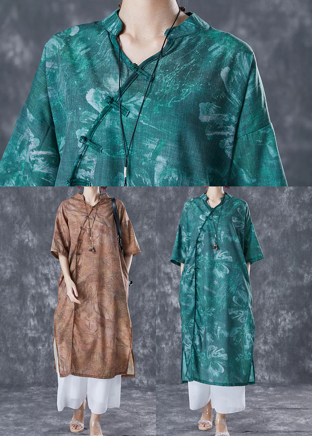 Coffee Print Oriental Linen Long Dresses V Neck Side Open Summer - Image 5
