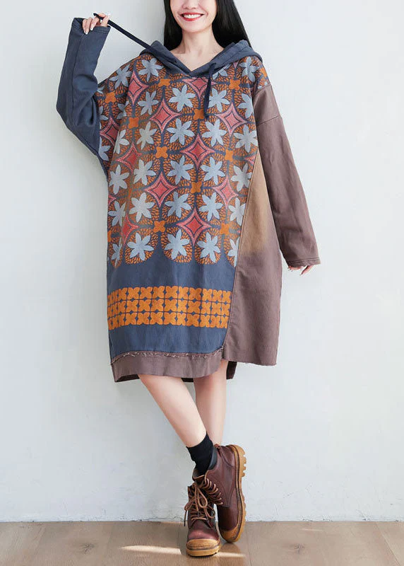 Coffee Print Patchwork Cotton Dress Hooded Spring - Image 2
