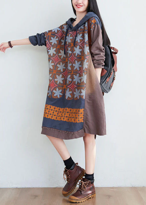 Coffee Print Patchwork Cotton Dress Hooded Spring - Image 3