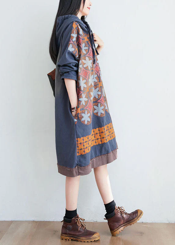 Coffee Print Patchwork Cotton Dress Hooded Spring - Image 4