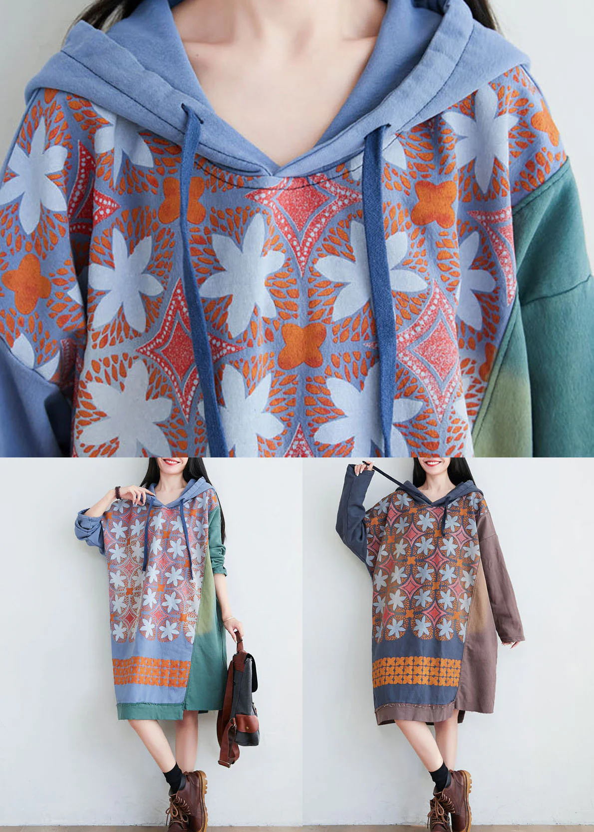 Coffee Print Patchwork Cotton Dress Hooded Spring - Image 5