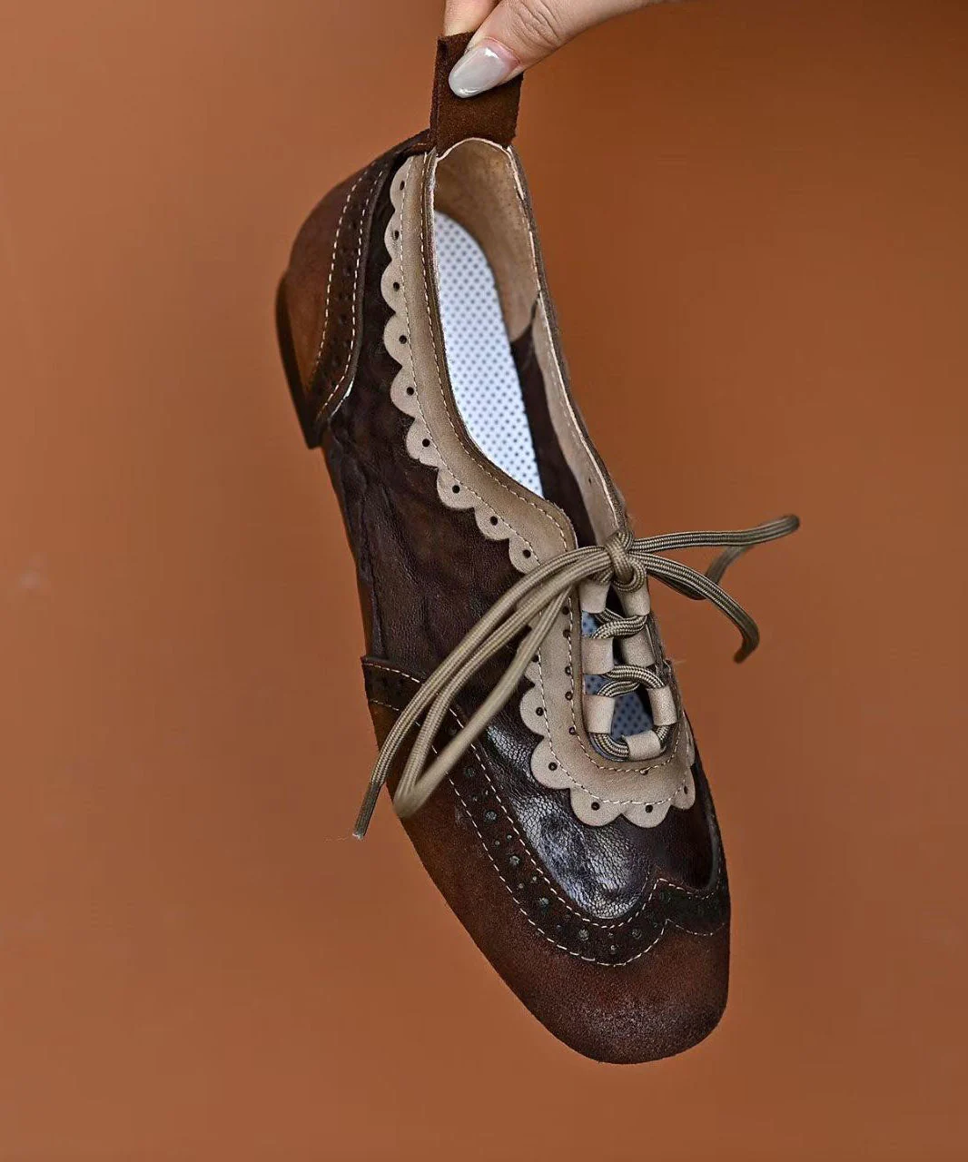 Coffee Sheepskin Splicing Lace Up Loafers For Women - Image 3
