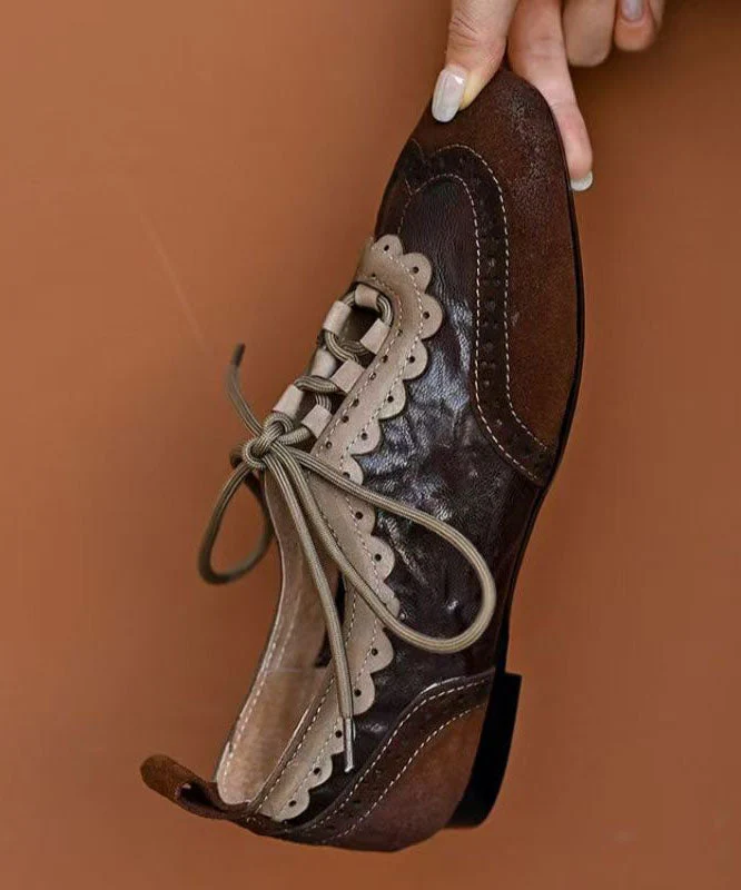 Coffee Sheepskin Splicing Lace Up Loafers For Women - Image 4