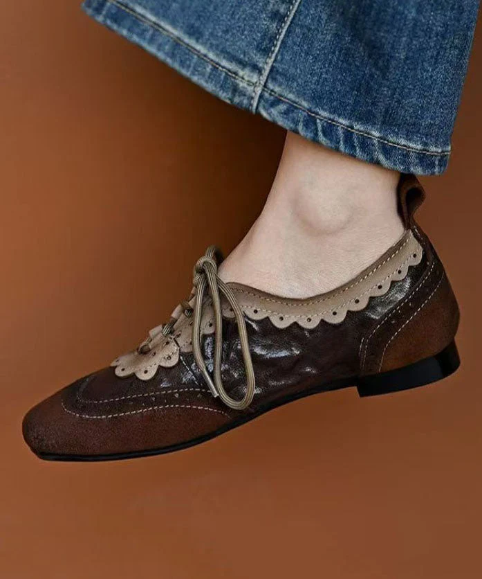 Coffee Sheepskin Splicing Lace Up Loafers For Women - Image 5