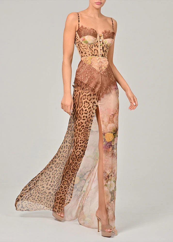 Coffee Side Open Lace Patchwork Chiffon Sleeveless Spaghetti Strap Dress - Image 2