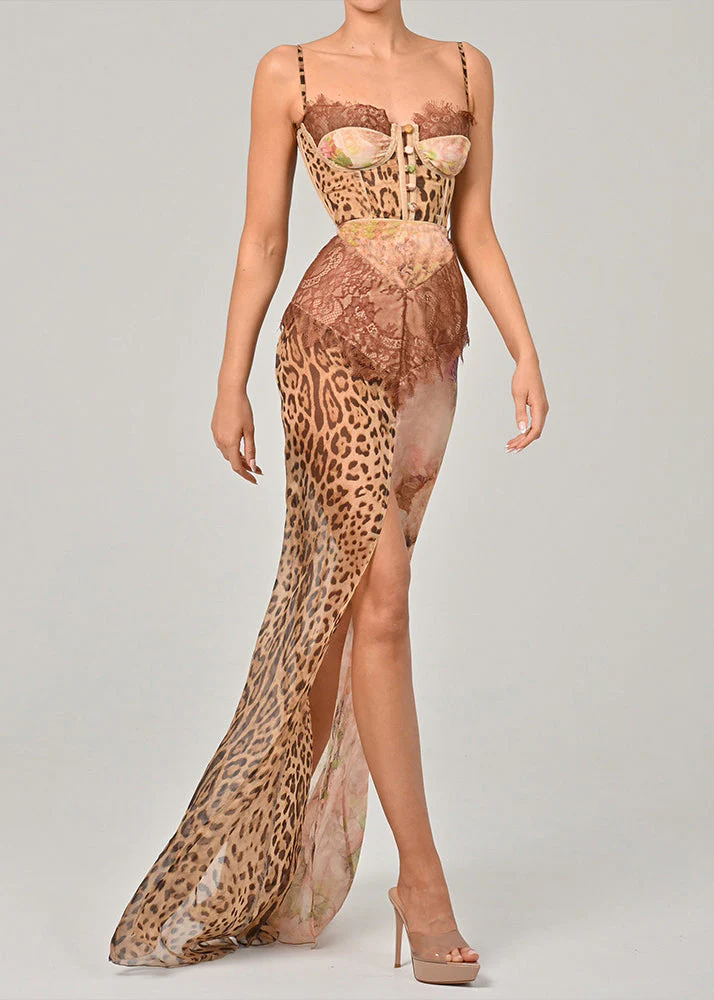 Coffee Side Open Lace Patchwork Chiffon Sleeveless Spaghetti Strap Dress - Image 3