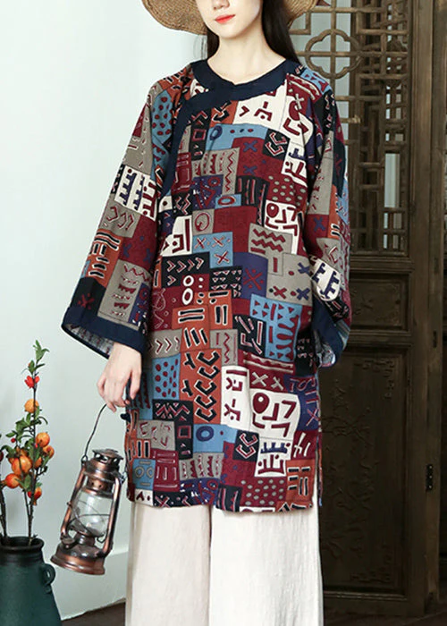 Coffee Side Open Patchwork Cotton Dresses O Neck Long Sleeve - Image 3