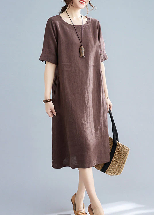 Chocolate Solid Original Design Pocket Linen Holiday Dress Short Sleeve - Image 2