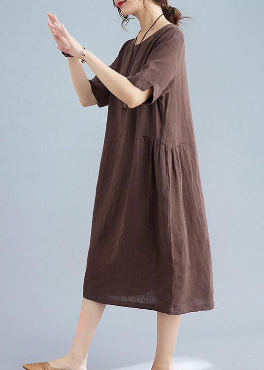 Chocolate Solid Original Design Pocket Linen Holiday Dress Short Sleeve - Image 3