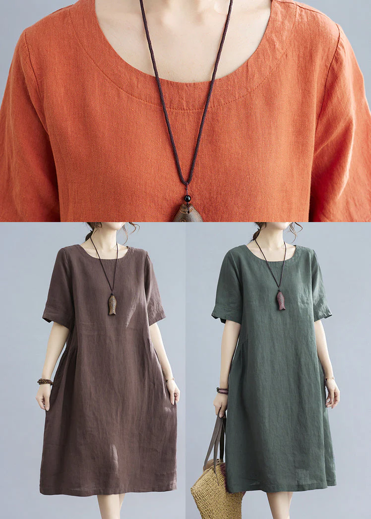 Chocolate Solid Original Design Pocket Linen Holiday Dress Short Sleeve - Image 5