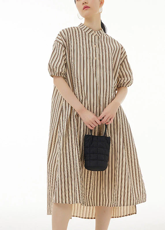 Coffee Stand Collar Low High Design Cotton Maxi Shirt Dress Short Sleeve - Image 2