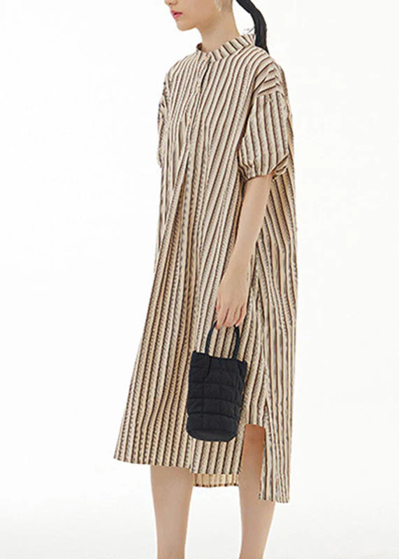 Coffee Stand Collar Low High Design Cotton Maxi Shirt Dress Short Sleeve - Image 3