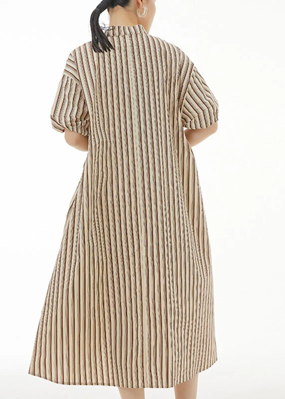 Coffee Stand Collar Low High Design Cotton Maxi Shirt Dress Short Sleeve - Image 4