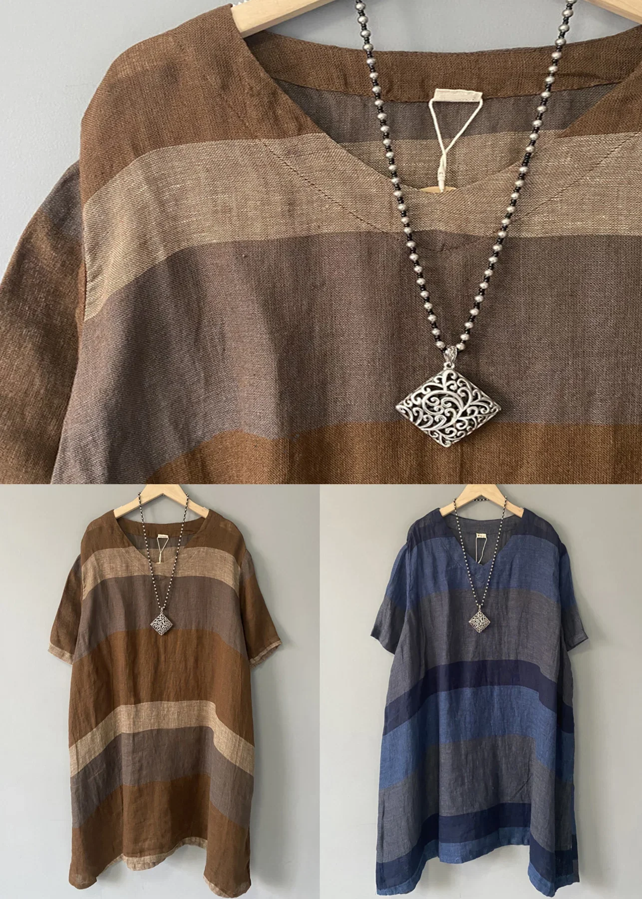 Coffee Striped Linen Mid Dress V Neck Short Sleeve - Image 2