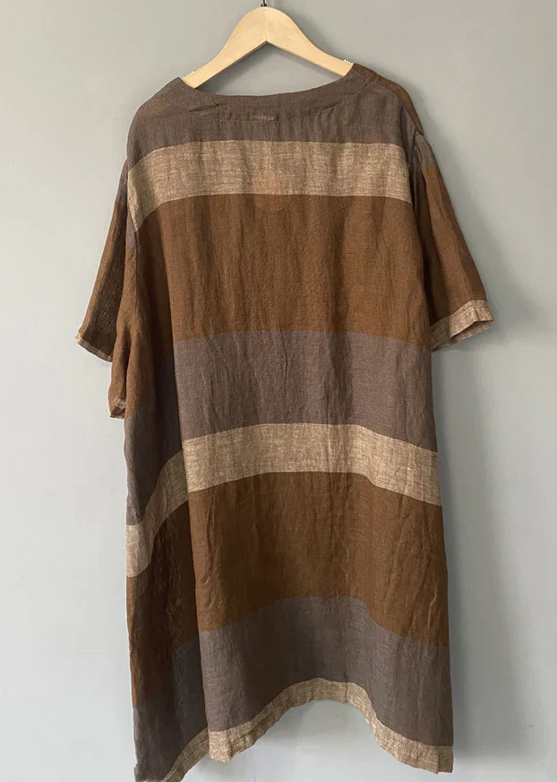 Coffee Striped Linen Mid Dress V Neck Short Sleeve - Image 3