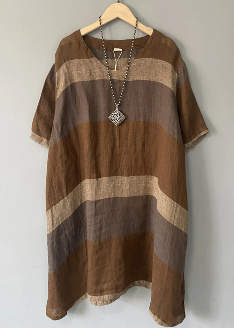 Coffee Striped Linen Mid Dress V Neck Short Sleeve - Image 4