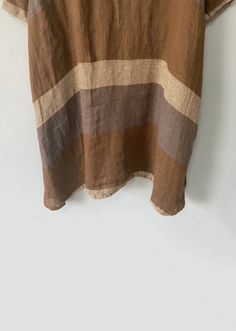 Coffee Striped Linen Mid Dress V Neck Short Sleeve - Image 5
