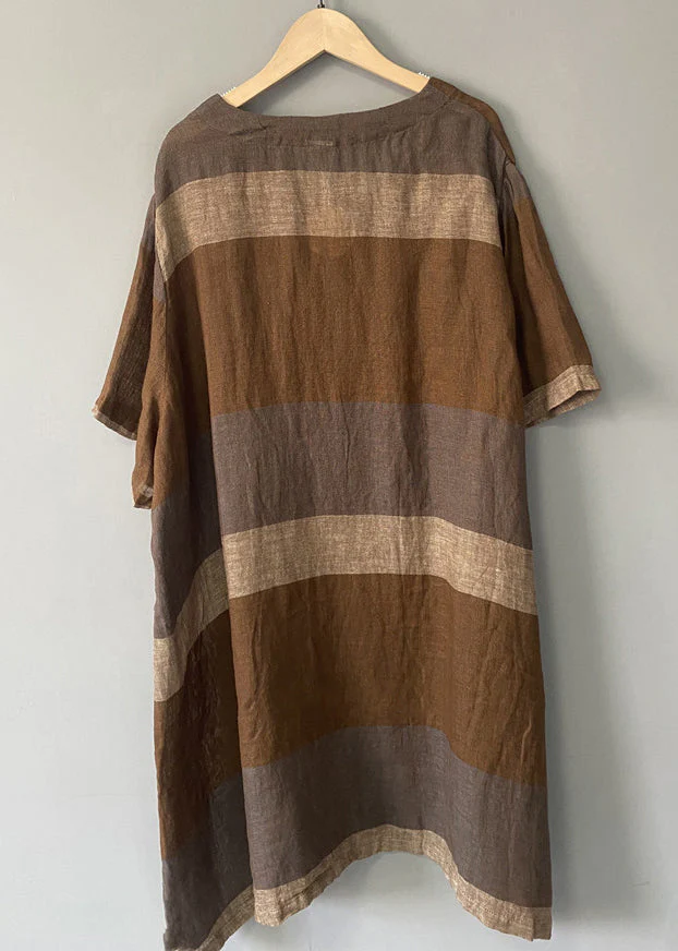 Coffee Striped Linen Mid Dress V Neck Short Sleeve - Image 2