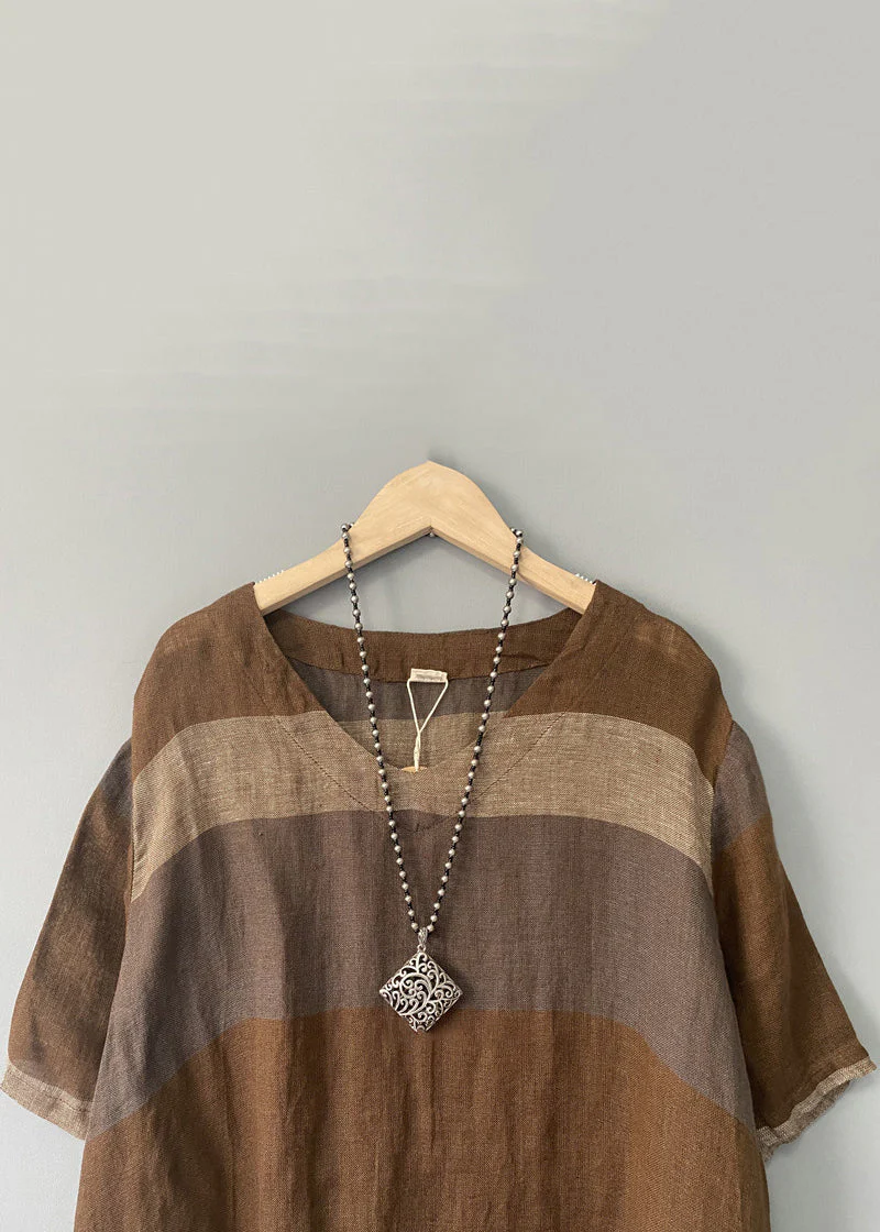 Coffee Striped Linen Mid Dress V Neck Short Sleeve - Image 3