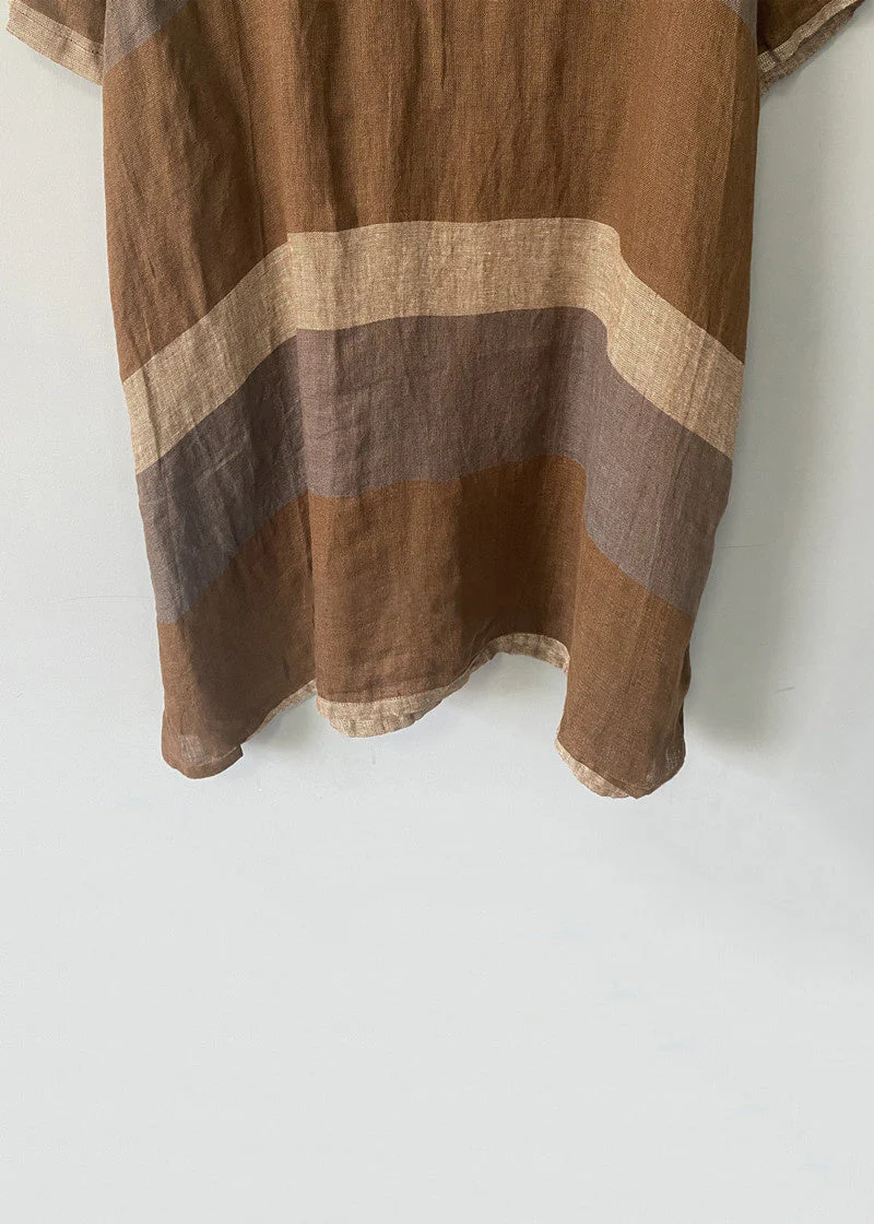 Coffee Striped Linen Mid Dress V Neck Short Sleeve - Image 4