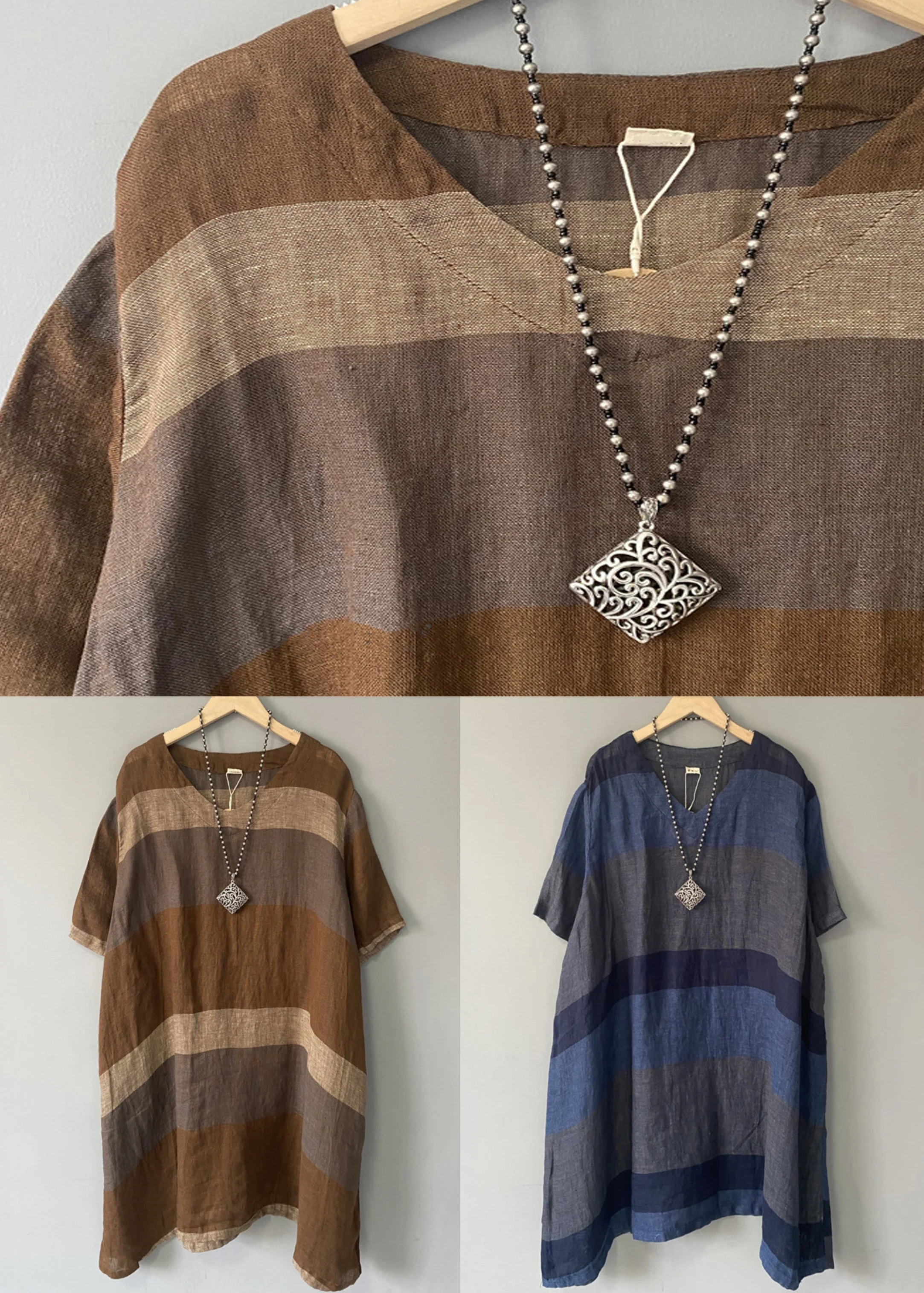 Coffee Striped Linen Mid Dress V Neck Short Sleeve - Image 5