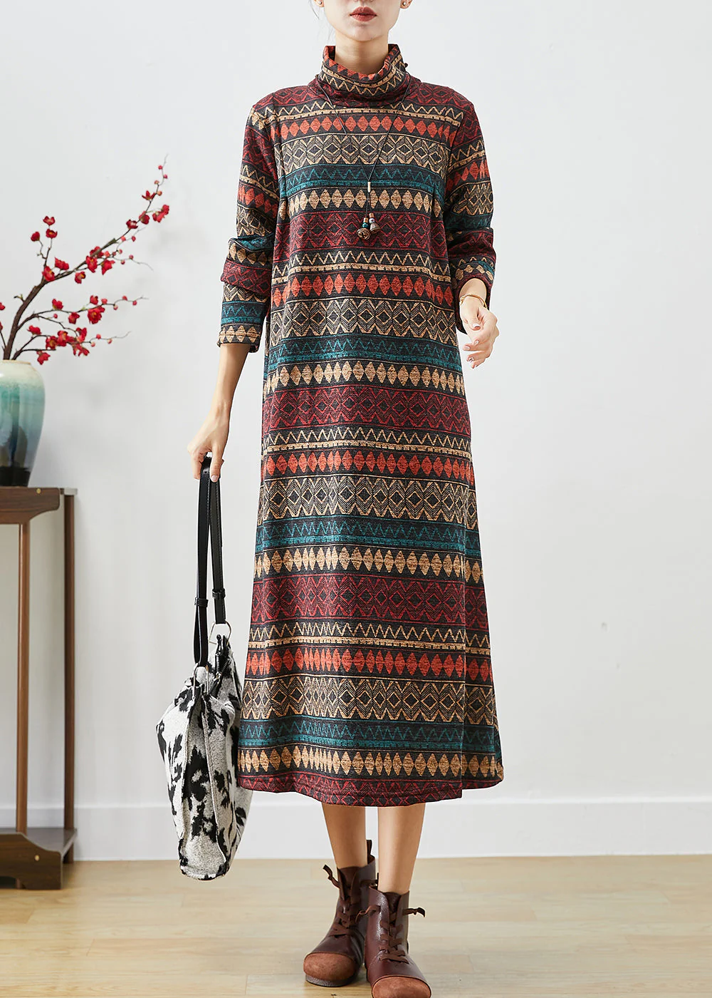 Coffee Striped Warm Fleece Long Dress Turtle Neck Winter - Image 2