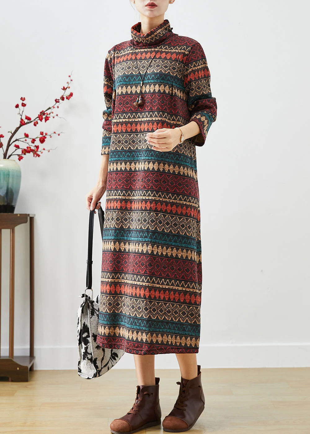 Coffee Striped Warm Fleece Long Dress Turtle Neck Winter - Image 3