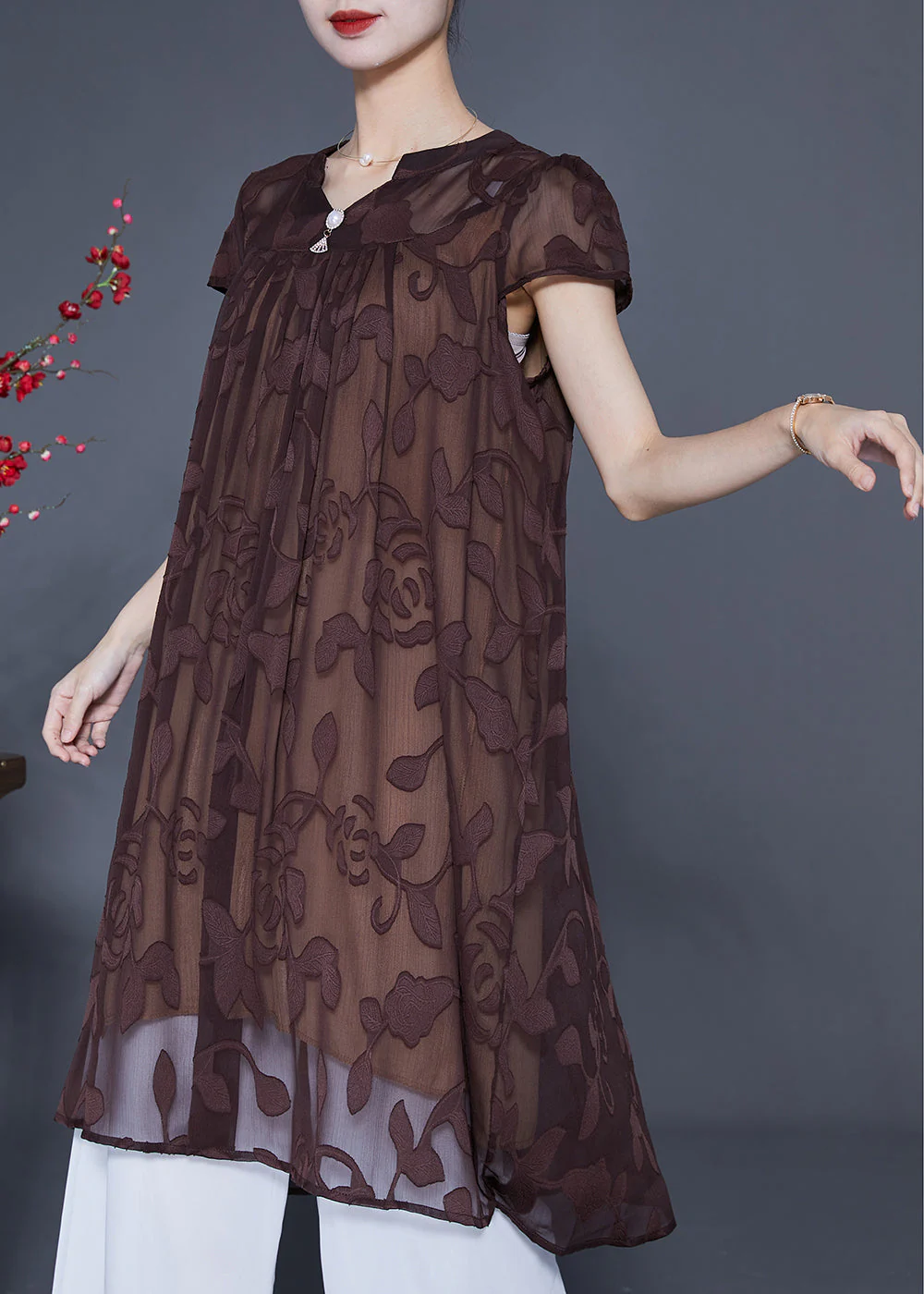 Coffee Tulle Holiday Dress V Neck Embroideried Summer - Image 2