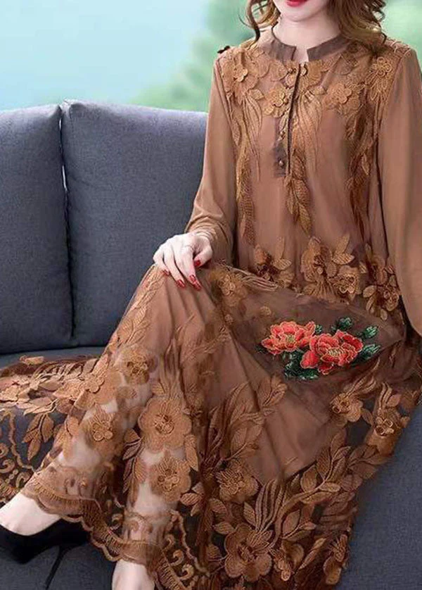 Chocolate Tulle Maxi Dress O-Neck Embroideried Spring - Image 2