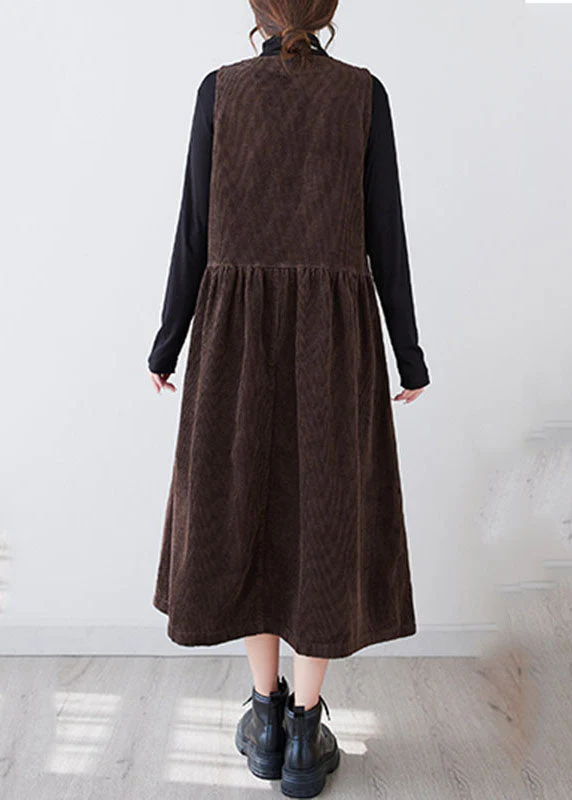 Coffee Wrinkled Button Corduroy Long Dresses Sleeveless - Image 4