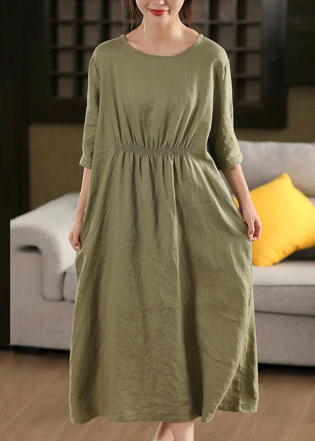 Coffee Wrinkled Button Linen Dress O Neck Summer - Image 3