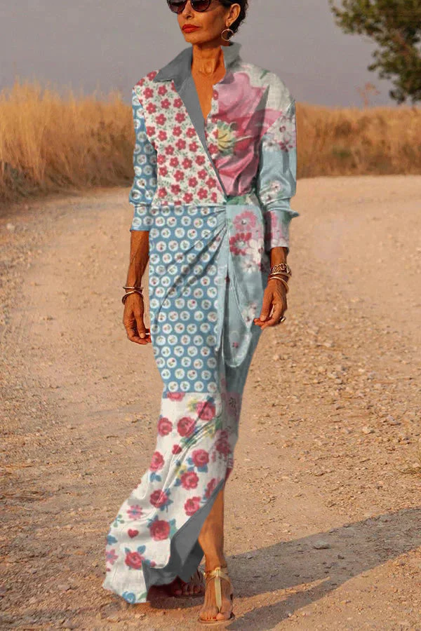 Blue dots Satin Wrap Shirt Maxi Dress - Image 10