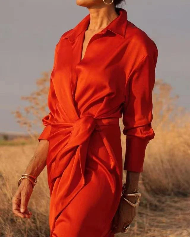 Blue dots Satin Wrap Shirt Maxi Dress - Image 4