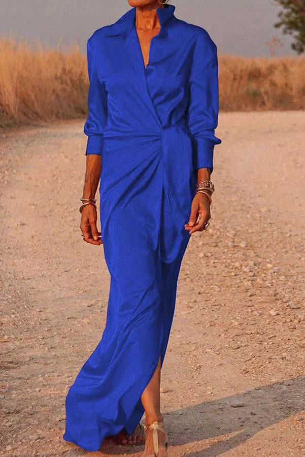 Blue dots Satin Wrap Shirt Maxi Dress - Image 6