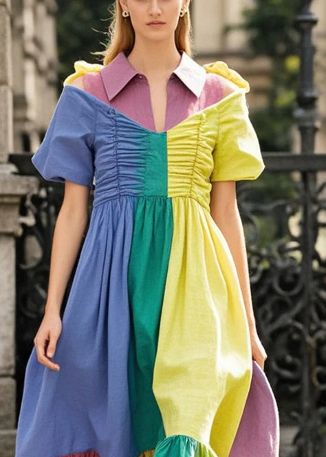Colorblock Patchwork Chiffon Long Dresses Asymmetrical Wrinkled Summer - Image 2