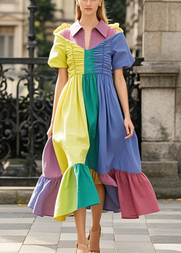 Colorblock Patchwork Chiffon Long Dresses Asymmetrical Wrinkled Summer - Image 3