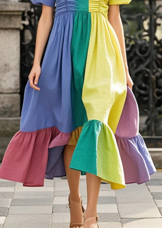 Colorblock Patchwork Chiffon Long Dresses Asymmetrical Wrinkled Summer - Image 4