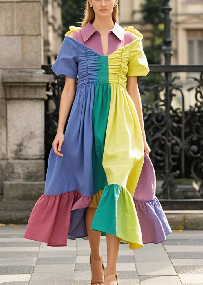 Colorblock Patchwork Chiffon Long Dresses Asymmetrical Wrinkled Summer - Image 5