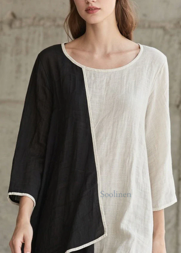 Colorblock Patchwork Cotton Dress Asymmetrical Bracelet Sleeve - Image 2