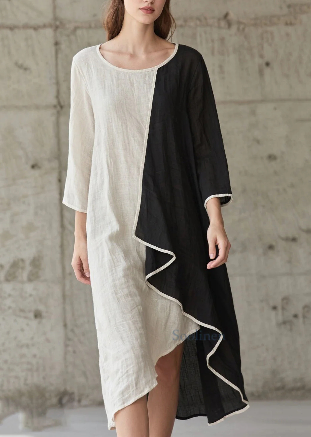 Colorblock Patchwork Cotton Dress Asymmetrical Bracelet Sleeve - Image 3
