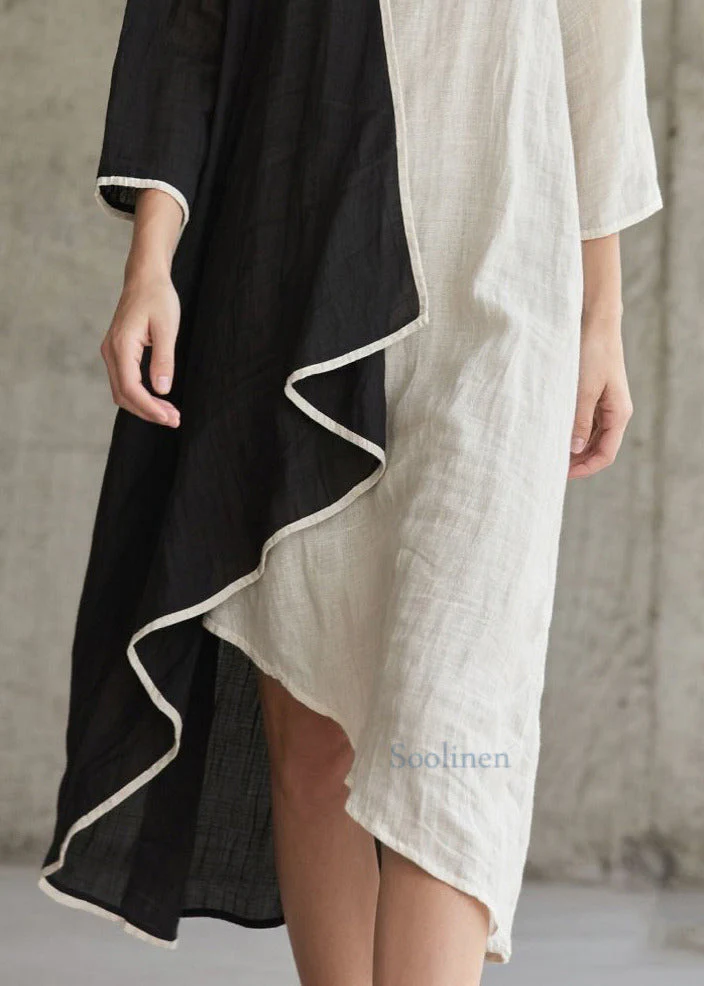 Colorblock Patchwork Cotton Dress Asymmetrical Bracelet Sleeve - Image 4
