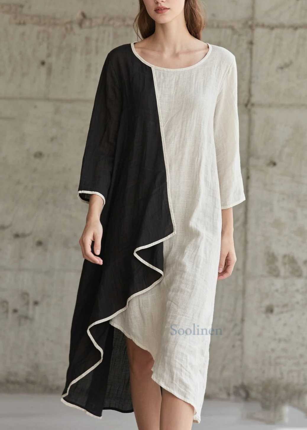Colorblock Patchwork Cotton Dress Asymmetrical Bracelet Sleeve - Image 5