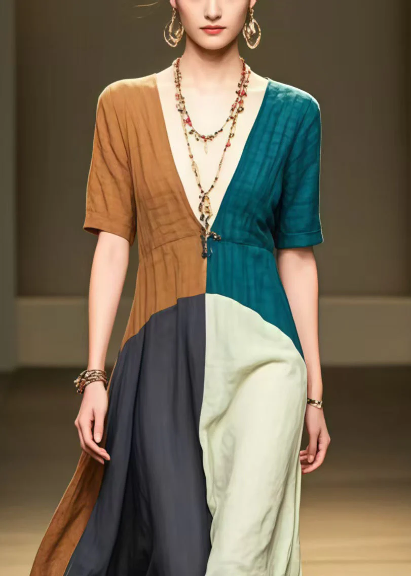 Colorblock Patchwork Cotton Long Dress Deep-V Neck Summer - Image 2