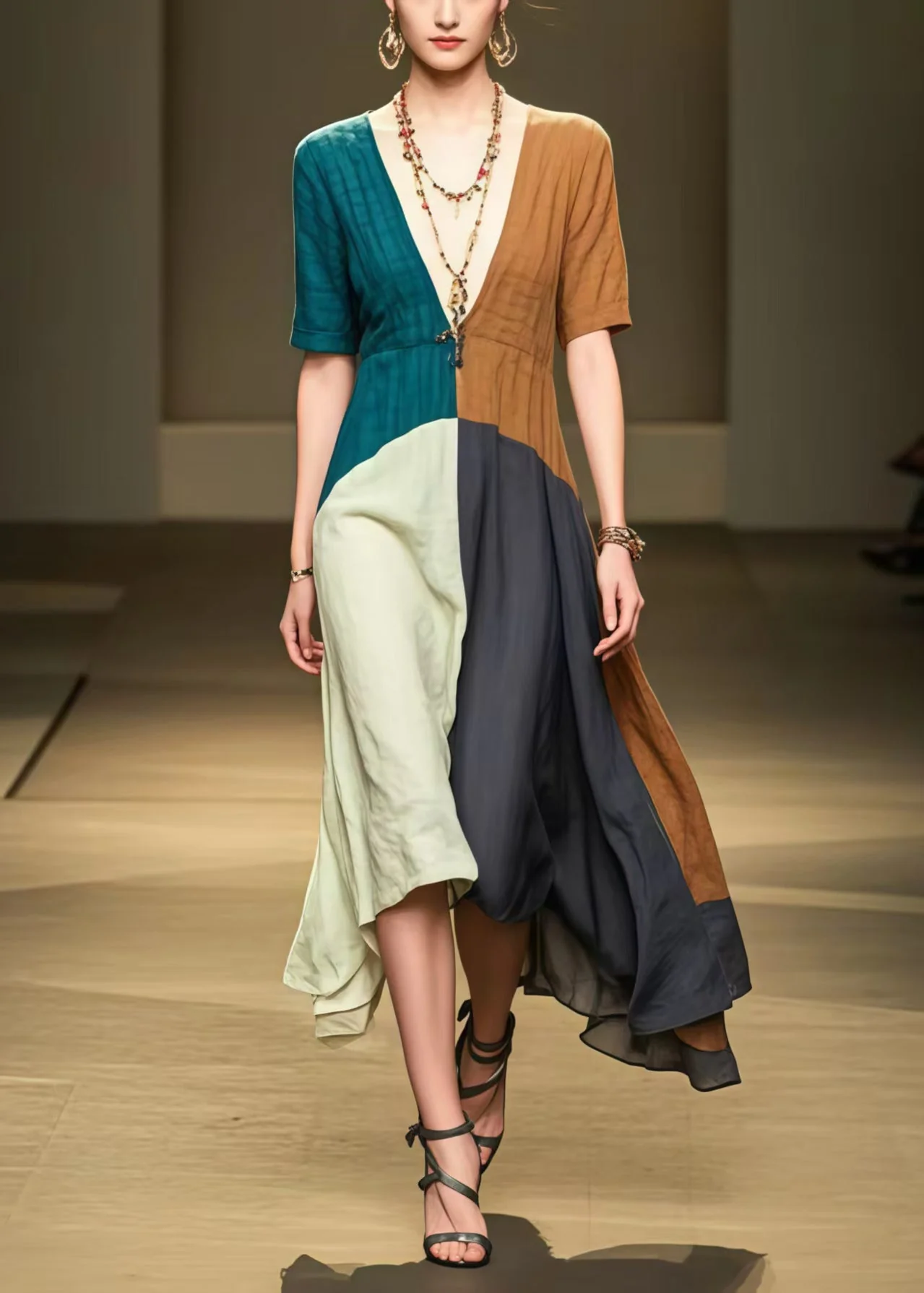 Colorblock Patchwork Cotton Long Dress Deep-V Neck Summer - Image 3