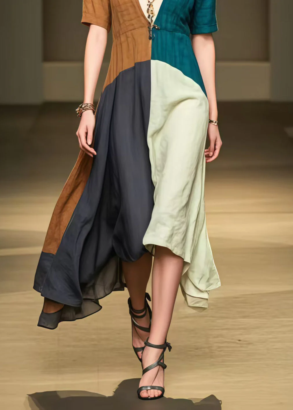 Colorblock Patchwork Cotton Long Dress Deep-V Neck Summer - Image 4